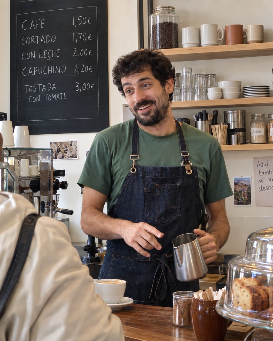 Two people mid-conversation at a counter